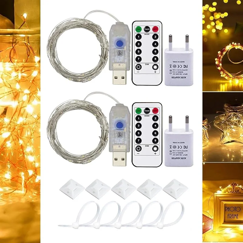 Marke: RcStarry USB-Schnur-Lichter, RcStarry(TM) 2er stück 5M 50 LEDs Silberdraht Lichterkette Wasserdichte USB LED Silber Sternenlicht mit 8-Tasten Fernbedienung und Energie-Adapter, Innen- und Außendeko - Warmweiß — Weihnachtsbeleuchtung