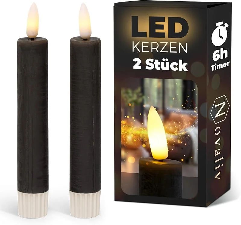 Besuche den Novaliv-Store Stabkerzen LED mit Timer SCHWARZ 2er indoor mit Timer Funktion 6 Stunden ECHTWACHS 15cm Höhe für Kerzen 2, 2cm Durchmesser 2 AAA Batterien notwendig LED Stabkerzen flackernde Flamme bewegliche Flamme — Advent und Tisch