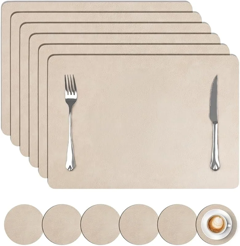Besuche den comfoyar-Store comfoyar Tischsets und Untersetzer Kunstleder 6er Set, Platzsets rutschfeste Abwaschbar Doppelseitigen, Platzdeckchen Wasserdicht aus Rindsleder für Küche Esszimmer Party Dekoration(Beige 30x43cm) — Küche & Haushalt