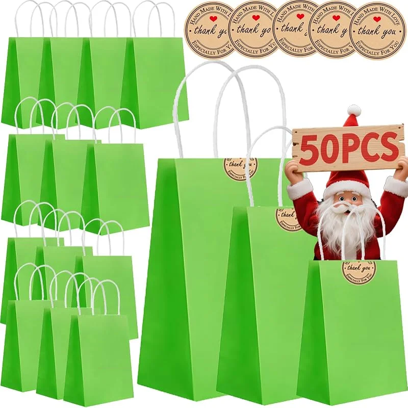 Marke: JoyMaxJoy 50 Stück Geschenktüten mit Henkel, 3 Größen Papiertüten mit Aufklebern, 130GMS Kraftpapier tüten, Einkaufen Hochzeiten Partys Geburtstag Weihnachten Halloween (Bright Green) — Geschenkverpackung