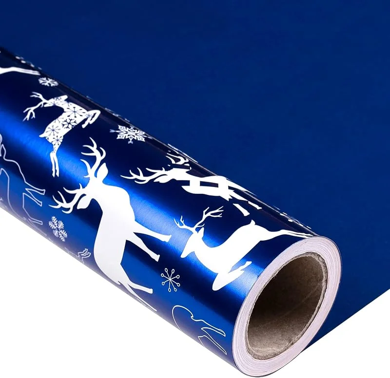 Marke: MAYPLUSS MAYPLUSS Weihnachts-Geschenkpapier, wendbar, Jumbo-Rolle, 76, 2 cm x 30 m, blaues Rentier mit Glitzer-Metallic-Folienglanz — Geschenkverpackung