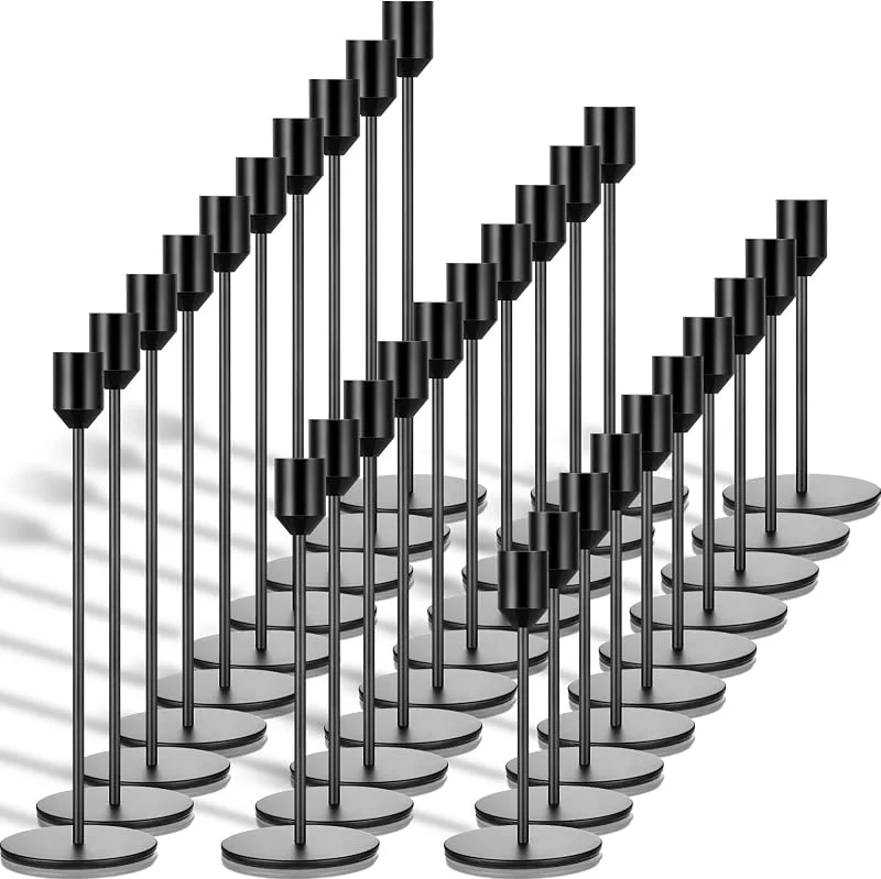 Marke: Tioncy Tioncy Kerzenhalter aus Metall, 14, 5 cm, 19, 6 cm, 24, 6 cm hoch, Vintage-Stil, langer Kerzenhalter für Tischdekoration, moderner Stumpenkerzenhalter für Zuhause, Hochzeitsdekoration, 30 Stück (schwarz) — Kerzenlicht Abendessen