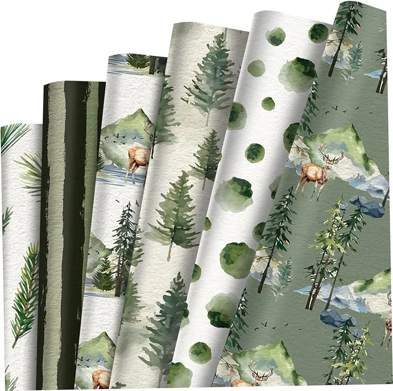 Marke: Lawnrden Geschenkpapier Weihnachten, 12 Stück, Weihnachtspapier, 50, 8 x 68, 6 cm, Waldgrün, Sammelalbum mit Baum-Hirsch-Muster, schneidbar, zum Selbermachen, für Weihnachten, Hochzeit, Party, Gastgeschenke — Geschenkverpackung