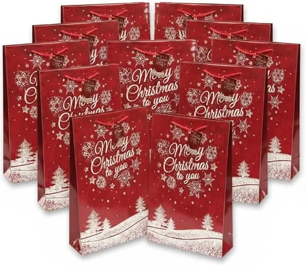 Besuche den Bambelaa!-Store Bambelaa! 12 Stück Merry Christmas Geschenktüten Weihnachten Geschenktaschen Groß Papiertüten Weihnachtstüten 157 g Papier Rot Glänzend (Ca. 25x8, 5x34 cm) — Geschenkverpackung