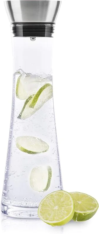 Marke: Haushalt International Haushalt International Wasserkaraffe Glas (1 Liter) - Glaskaraffe mit Deckel und Ausgießer, Wasserflasche Glas und Edelstahl, Karaffe für Wasser, Wein & Co — Wein und Festtafel