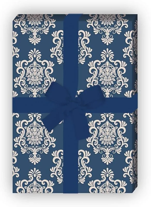 Besuche den Kartenkaufrausch-Store Edles vintage Geschenkpapier mit üppigem Damast Muster, blau, für schöne Geschenk Verpackung zum Einpacken 32 x 48cm, 4 Bögen für Geburtstage, Hochzeit, Weihnachtsgeschenke, Dekorpapier — Geschenkverpackung