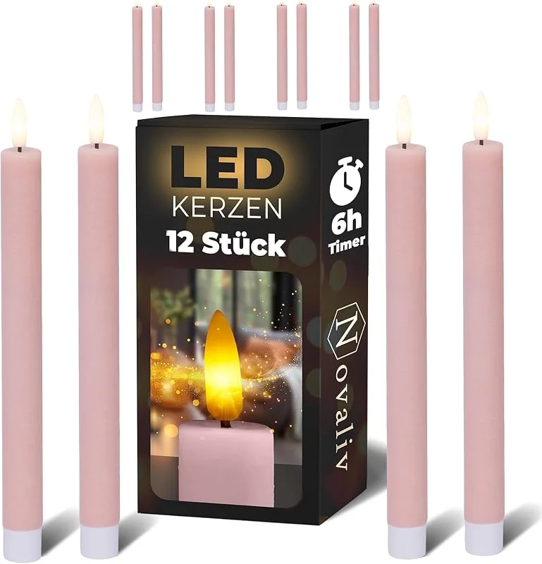 Besuche den Novaliv-Store Novaliv Stabkerzen LED mit Timer PINK 12 Stück Indoor 6 Stunden - ECHTWACHS 24, 5cm Höhe für Kerzen 2, 2cm Durchmesser 2 AAA Batterien notwendig LED Stabkerzen flackernde Flamme bewegliche Flamme Licht — Advent und Tisch