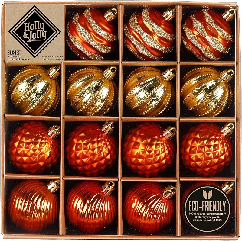 Marke: Holly & Jolly Weihnachtskugeln Kunststoff mit Muster 6cm 16er Set - Orange Mix — Weihnachtsdeko