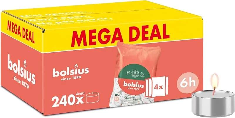 Besuche den bolsius-Store Bolsius - Großpackung Teelichter - 240 Stk. - 6 Brennstunden - Weiß - Enthält Naturliches Pflanzenwachs - Länge Brenndauer - Dekorative Haushaltkerzen - Ohne Palmöl — Advent und Tisch