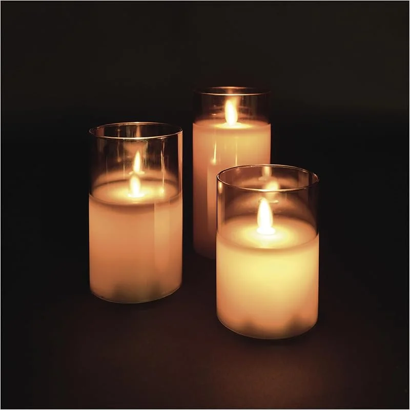 Besuche den EMOS-Store EMOS - LED Kerzen in Glasdose, 3 Stück - tanzende Flamme, Warmweiß - 6h Timer, batteriebetrieben (je 2x AA) - Lebensdauer 10000 Stunden - für Innenbereich - Rauchglas — Kerzenlicht Abendessen
