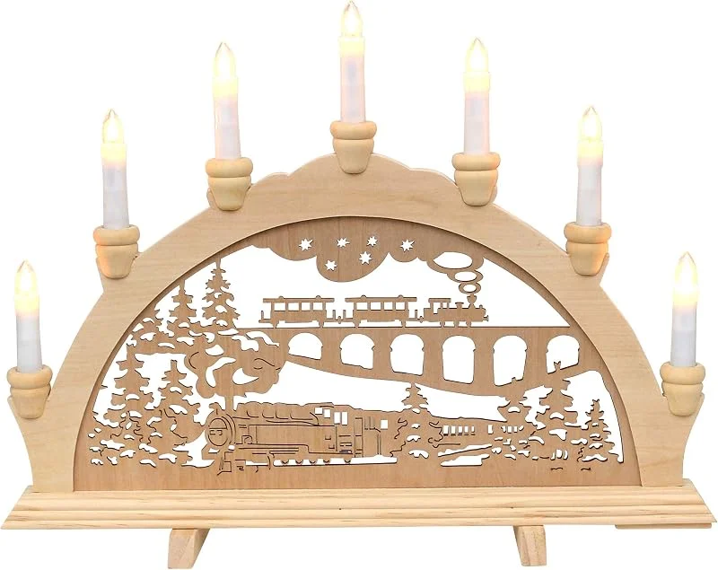 Besuche den Dekohelden24-Store Holz-Schwibbogen, Motiv: Eisenbahn, 7 flammig, ca. 45 x 4 x 33 cm. — Weihnachtsdeko