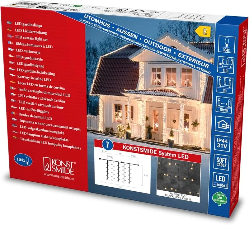 Besuche den Konstsmide-Store Konstsmide LED System Erweiterung, Lichtervorhang, 100 bernsteinfarbene Dioden, Außen (IP44), schwarzes Soft-Kabel - 4814-807 — Weihnachtsbeleuchtung