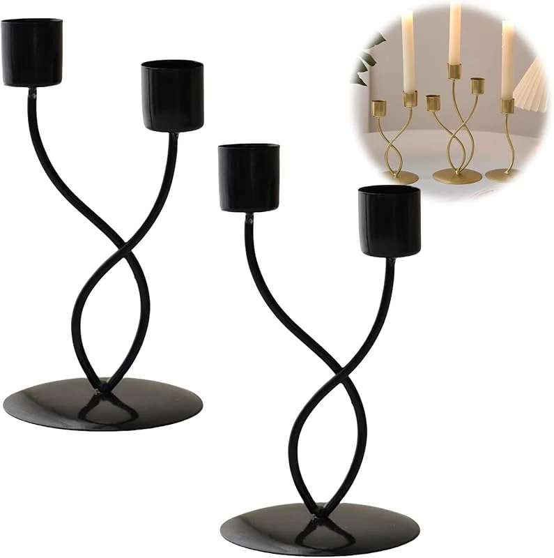 Marke: HSTWODE kerzenständer Gold schwarz, Blumen-Kerzenständer 2er Set, stabkerzenhalter für Hochzeit Räucherkegel Spa Gebet Home Party, Weihnachts Tisch Deko, Adventskranz (Schwarz, 2 Gabeln) — Kerzenlicht Abendessen