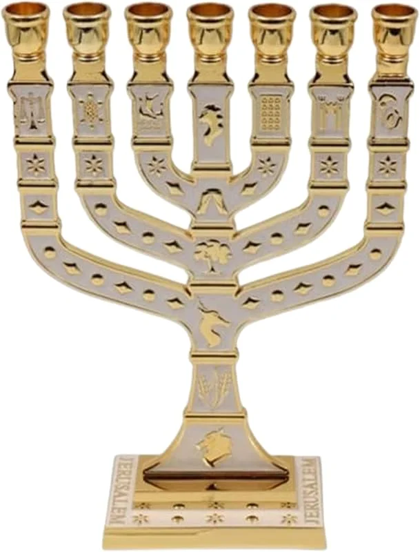 Marke: Ateret Judaica traditionelle Jerusalem-Menora mit 7 Armen, Emaille-Finish, mit den 12 Stämmen Israels, jüdischer Kerzenhalter (27, 4 cm) — Kerzenlicht Abendessen