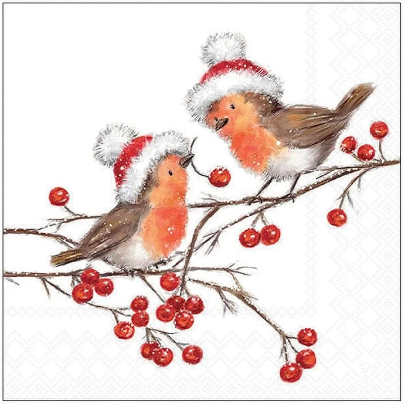 Besuche den Ambiente-Store 20 Servietten Winter Rotkehlchen mit Weihnachtsmütze als Tischdeko. Papierservietten mit Motiv. Auch für Decoupage und Serviettentechnik 33x33cm — Advent und Tisch