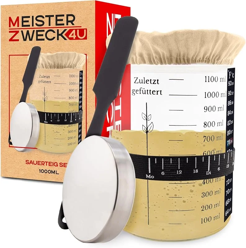 Besuche den MEISTERZWECK4U-Store Starter Set für Sauerteig, 1100ml Gärglas mit Stoffabdeckung & Zubehör - mit Thermometer, Fütterungsband, Schaber & Aluminiumdeckel, Glas Behälter zum Brot backen — Weihnachtskueche