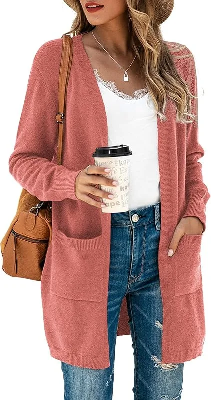 Besuche den Saodimallsu-Store Saodimallsu Strickjacke Damen Lang Leicht Cardigan Langarm Open Front Strickpullover Einfarbig Freizeit Strickmantel Outerwear mit Tasche — Weihnachtsmode