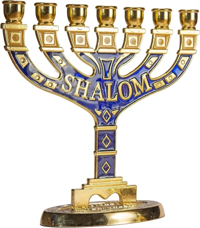 Marke: JL Kippha's JL Kippha's Goldener Jerusalem-Kerzenhalter, dekorativ, Judaica, 7 Zweige, Shalom, Israel, Menora, jüdisches Festival, 10 x 10 cm — Kerzenlicht Abendessen