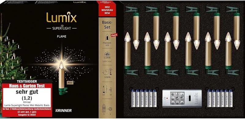 Besuche den Lumix-Store Lumix® kabellose LED Christbaumkerzen Weihnachtsbaumkerzen 12er Basis-Set SuperLight Flame Metallic Mini Gold 9cm warmweiß inkl. Fernbedienung 77143 — Weihnachtsbeleuchtung