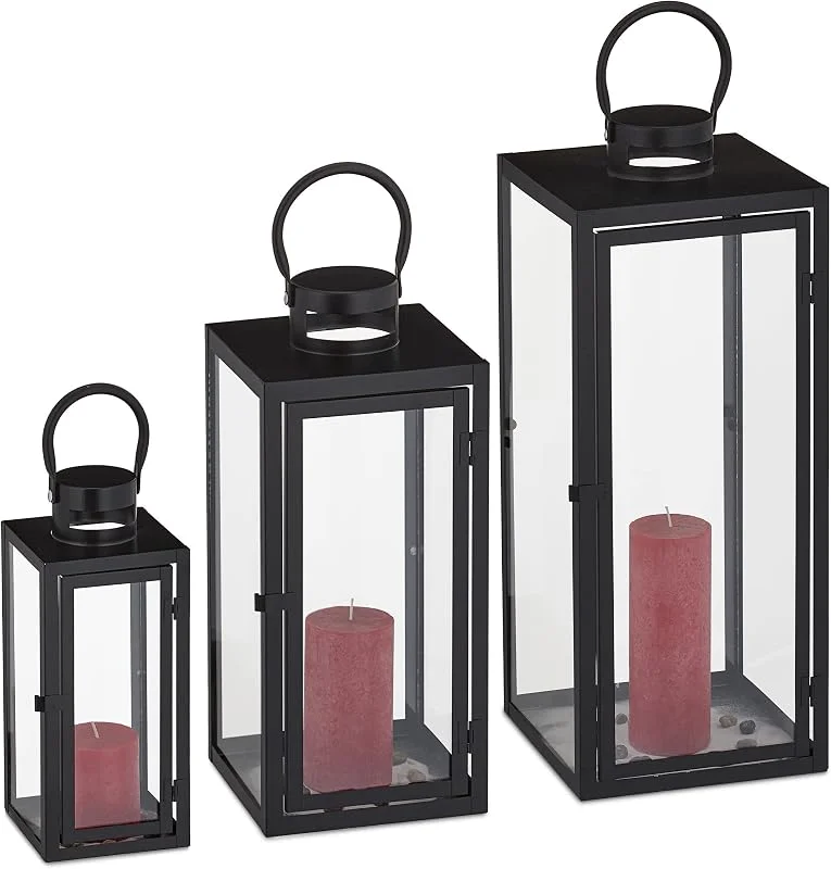 Besuche den Relaxdays-Store Relaxdays Laternen 3er Set, Deko Laternen für draußen & drinnen, schwarz — Kerzenlicht Abendessen