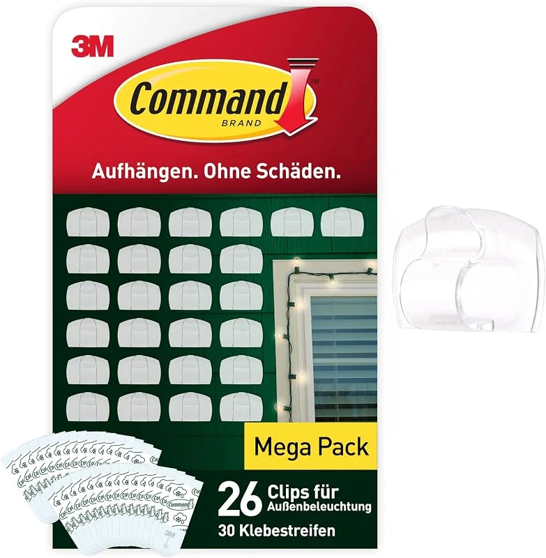 Besuche den Command-Store Command Transparente Lichterketten-Clips für den Außenbereich, 26 Clips, 30 Klebestreifen, Strips - Dekorieren ohne Löcher und Bohren — Weihnachtsbeleuchtung