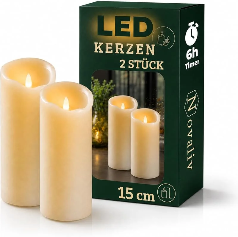 Besuche den Novaliv-Store Novaliv 2er Set LED Stumpenkerzen groß - Echtwachskerze mit beweglicher Flamme flackernd - Timerfunktion für 6 Stunden Warmweißes Licht 7, 5cm Durchmesser 15cm Höhe - 2 AA Batterien nötig — Kerzenlicht Abendessen