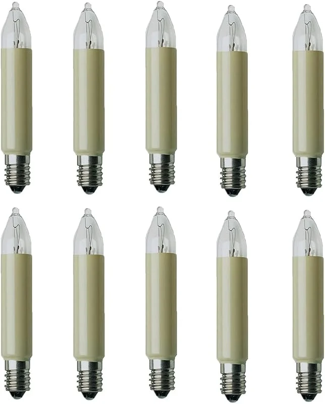 Marke: ShuoHui ShuoHui E10 Halogen Kleinschaftkerze 8V AC 3W Ø 11mm, Länge 65mm für INNEN - Ersatzlampe Schwibbogen u. Lichterketten - warmweiß 10 Stück (8, Volt) — Weihnachtsbeleuchtung