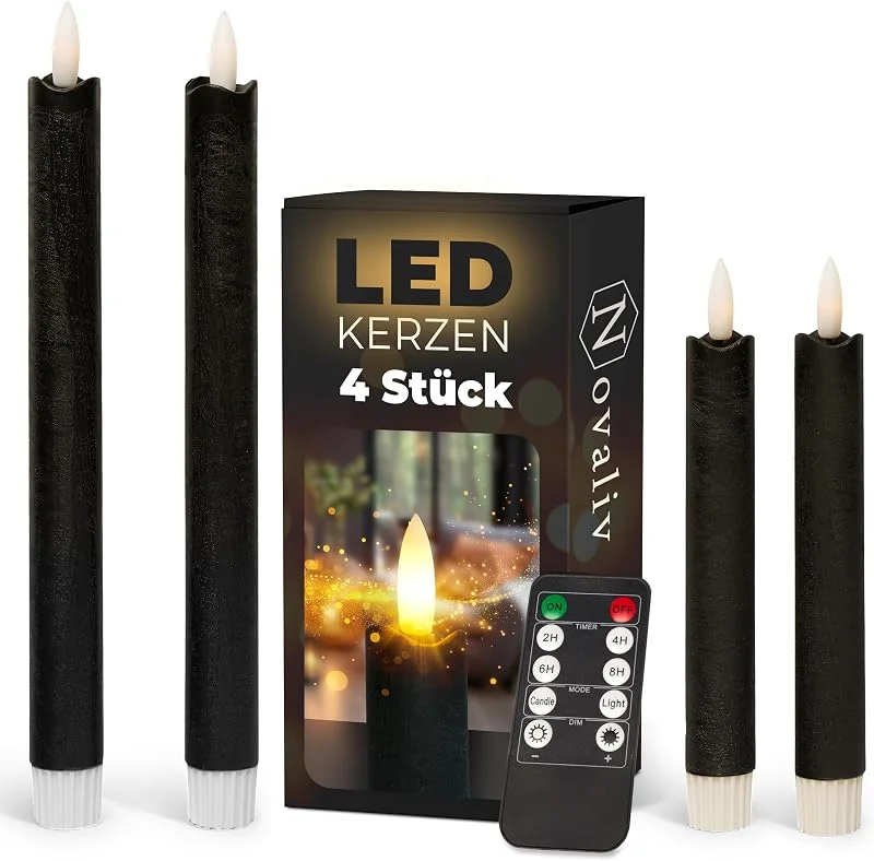 Besuche den Novaliv-Store Sparset Stabkerzen LED mit Timer Klein+Groß SCHWARZ 4 Stück indoor - 6 Stunden - ECHTWACHS 18cm+23cm Höhe für Kerzen 2, 2cm Durchmesser 2 AAA Batterien notwendig LED Stabkerzen flackernde Flamme — Advent und Tisch