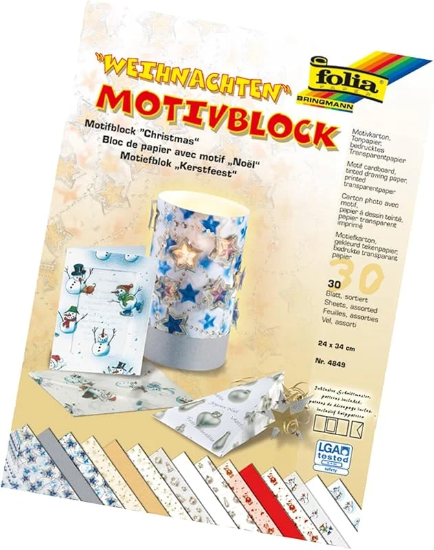Besuche den folia-Store folia 4849 - Motivblock Weihnachten I, 24 x 34 cm, 30 Blatt, sortiert, 10 x Motivkarton, 10 x bedrucktes Transparentpapier, 10 x Tonpapier, für vielfältige Bastelarbeiten — Geschenkverpackung