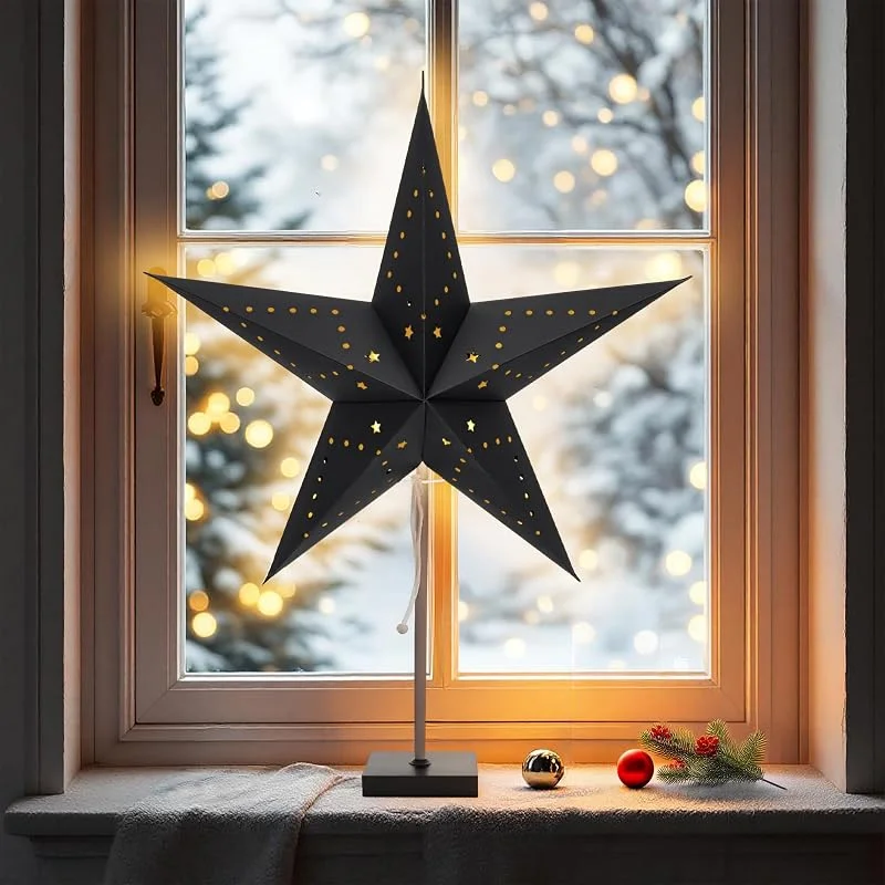 Besuche den Spetebo-Store Spetebo Papier Weihnachtsstern Tischleuchte auf Fuß 60 cm, schwarz — Weihnachtsdeko