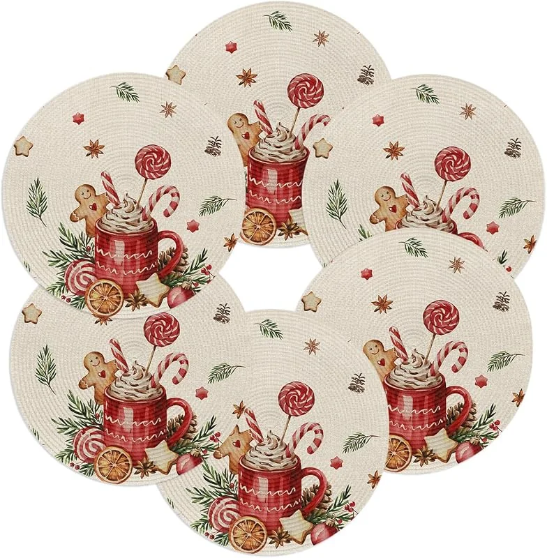 Marke: Home L6 Weihnachtliche runde Tischsets für Esstisch, Set mit 6 Lebkuchen, Zuckerstange, Platzsets, Kreis, waschbar, gewebt, Weihnachtskugel, geflochtene Tischmatte für Weihnachten, Küche, Zuhause, Abendessen — Küche & Haushalt