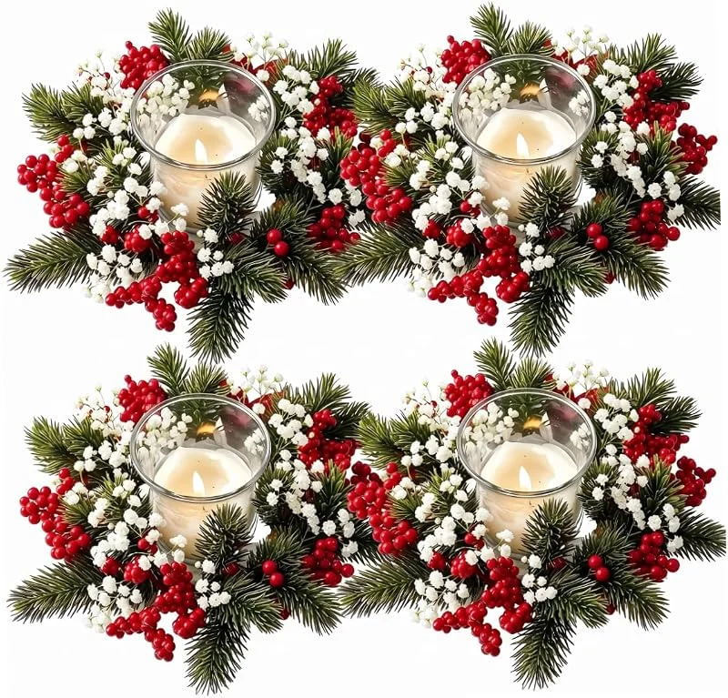 Marke: Faticenic Weihnachtskerzenringe 4 Stück, roter Beerenkranz — Kerzenlicht Abendessen