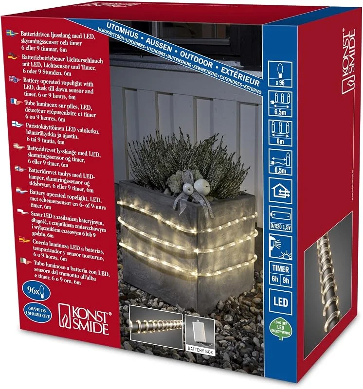 Besuche den Konstsmide-Store Konstsmide LED Lichterschlauch, 6m, mit Lichtsensor und 6h und 9h Timer, 96 warm weiße Dioden, batteriebetrieben, Außen (IP44), 4 x D 1.5V (exkl.) - 3744-100 — Weihnachtsbeleuchtung