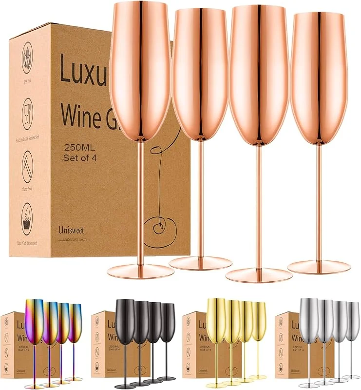 Marke: UNISWEET UNISWEET Champagnerflöten aus Edelstahl, 4er-Set, Hochzeits- und Geburtstagsgeschenke, unzerbrechliches Champagnerglas mit langem Stiel, wiederverwendbar, für drinnen und draußen, 240 ml, Roségold — Wein und Festtafel