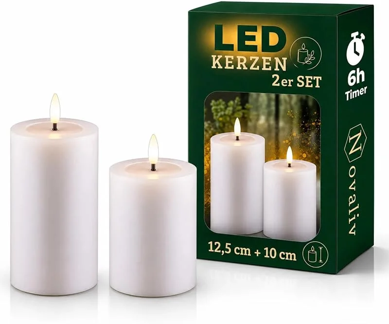 Besuche den Novaliv-Store Novaliv 2er Set Led Kerzen flackernde Flamme mit Echtwachspiegel weiß 7, 5cm ø 1x 12, 5 cm, 1x10 cm Höhe, LED Kerzen mit Timerfunktion, 2 AA Batterien nötig, LED Echtwachs Stumpenkerzen warmweiß — Advent und Tisch