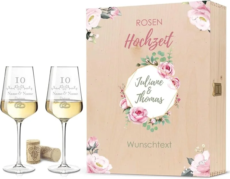 Besuche den GRAVURZEILE-Store GRAVURZEILE Weingläser mit Gravur - Rosenhochzeit Design - Personalisiert mit Namen & Datum inkl. Holzkiste - Geschenk zur Hochzeit Verlobung Jahrestag — Wein und Festtafel