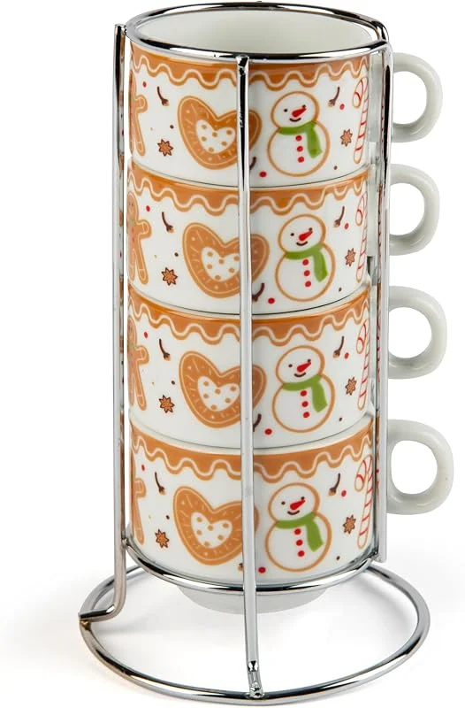 Besuche den Excelsa-Store Excelsa Wonderful Ginger Set aus 4 Kaffeetassen aus Porzellan, Motiv: Schneemann, mit Metallständer — Advent und Tisch
