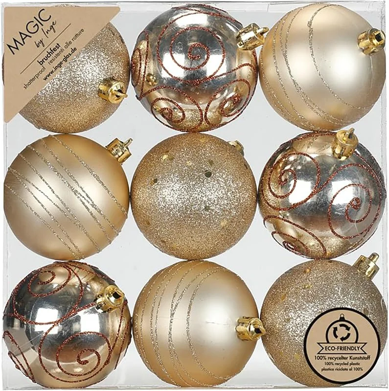 Besuche den Inge-glas-Store Inge-glas Weihnachtskugeln Kunststoff 6cm 9er Set - bruchsicher & mit Glitzer Muster - Christbaumkugeln für Weihnachtsbaum - Weihnachtsbaumkugeln & Christbaumschmuck Champagner - Creamy Gold — Weihnachtsdeko