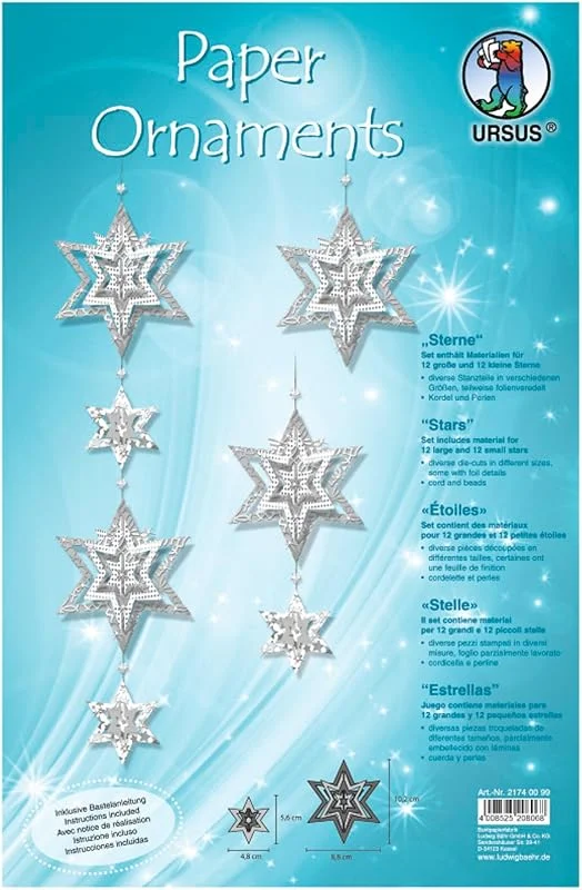 Besuche den Ursus-Store Ursus 21740099 - Bastelset Paper ornaments, Sterne, weiß, silber, Set mit Material für 12 große und 12 kleine Sterne, mit Bastelanleitung, ideal als winterliche Wand -, Fenster -, und Raumdekoration — Weihnachtsdeko
