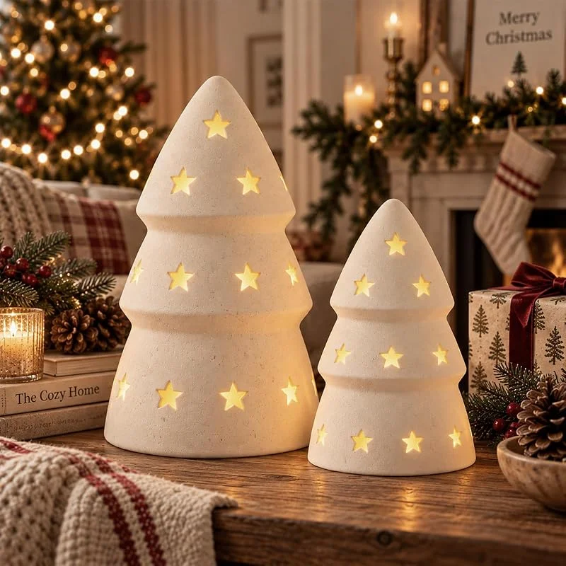Marke: Memorywuu 2 Stück Terrakotta-Weihnachtsbaum-Figuren mit LED-Lichtern — Weihnachtsbeleuchtung