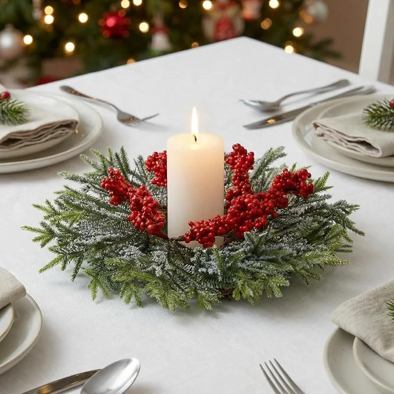 Marke: Cinnvoice Cinnvoice 8 Stück Weihnachtskerzenringe, künstliche Girlande mit roten Beeren, Mini-Weihnachtskranz für Tisch, Tafelaufsatz, Zuhause, Küche, Schrank, Fenster, Haustürdekoration (Gästegrußkiefer) — Kerzenlicht Abendessen