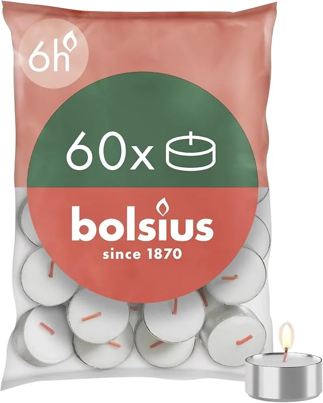 Besuche den bolsius-Store Bolsius D-light Teelichter - 60 Stück - im Beutel - Länge Brenndauer 6 Stunden - Dekorative Haushaltkerzen - Weiß - Enthält Natürliches Pflanzenwachs - Ohne Palmöl — Kerzenlicht Abendessen