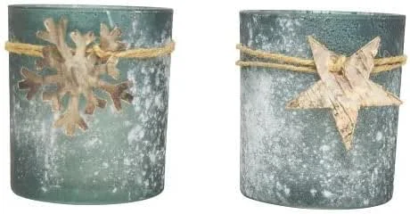 Besuche den CHICCIE-Store 2er Set Windlicht aus Glas Grün Stern & Schneeflocke Holz 9x9x10cm Winterdekoration — Kerzenlicht Abendessen