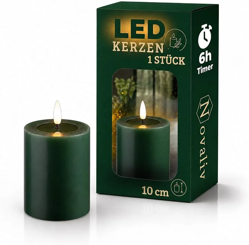 Besuche den Novaliv-Store Kleine LED Stumpenkerze mit Timer grün 7, 5cm ø, 10cm H, Echtwachspiegel ON, OFF-Timer 6H, 2 AA Batterien nötig LED Echtwachskerze mit Flackereffekt flammenlose Stumpenkerze LED Kerze schmal und klein — Advent und Tisch