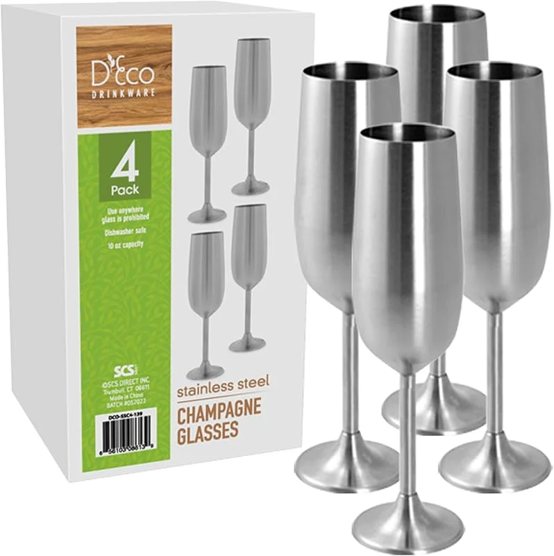 Marke: D'Eco Champagnergläser mit Stiel, Edelstahl, unzerbrechlich, 237 ml, Premium-Qualität, wiederverwendbar, hält Getränke länger kühl, einzigartige Party-Geschenkidee für Unterhaltung und Urlaub — Wein und Festtafel