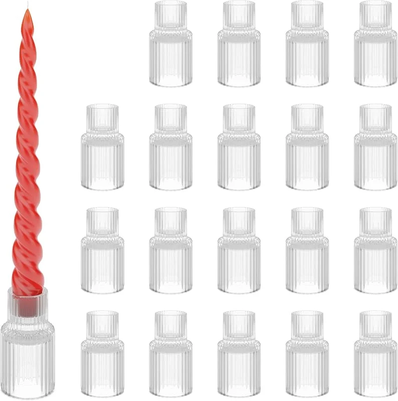 Besuche den Relaxdays-Store Relaxdays Kerzenständer Stabkerzen, 20er Set, HxD: 7 x 4 cm, aus Glas, geriffelt, runde Stabkerzenhalterung, transparent — Kerzenlicht Abendessen