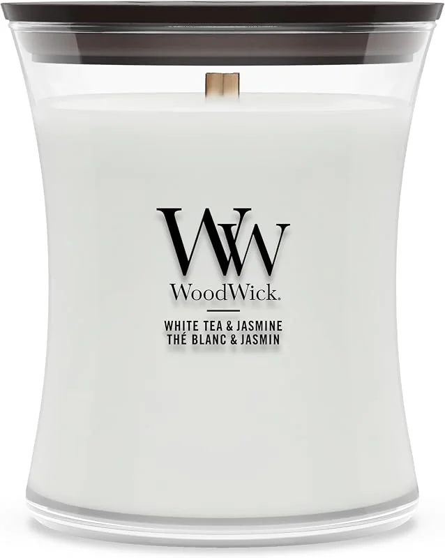 Besuche den WoodWick-Store WoodWick Mittlere Sanduhr-Duftkerze, White Tea & Jasmine, mit knisterndem Docht, Brenndauer: bis zu 60 Stunden, Geschenke für Frauen — Kerzenlicht Abendessen