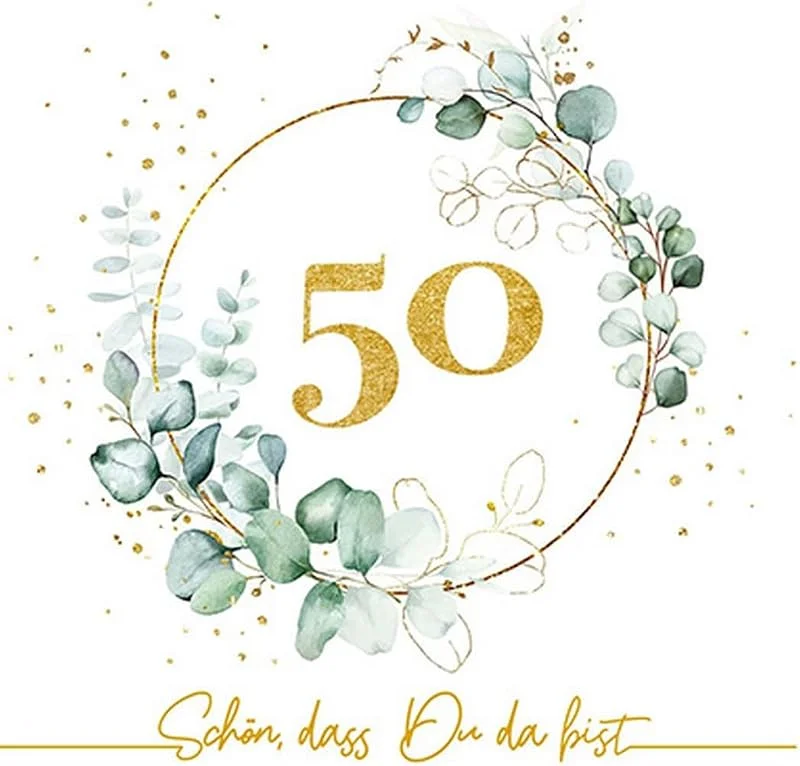 Besuche den Serviettenshop-Store 20 kleine Cocktail-Servietten 50 um Eukalyptus gold weiß, Geburtstag, goldene Hochzeit, Jubiläum, Mann, Frau, Schön dass Du da bist, basteln, Decoupage, Serviettentechnik, Tischdeko 25x25cm — Advent und Tisch