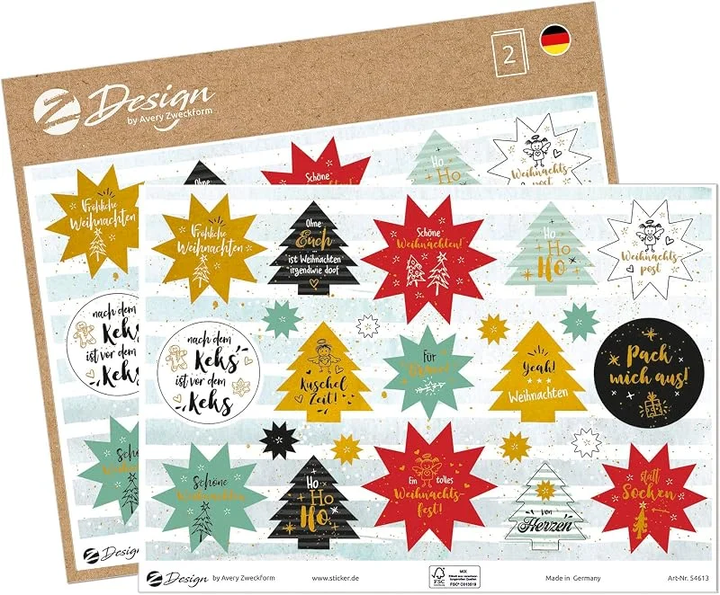 Besuche den AVERY Zweckform-Store AVERY Zweckform 46 Aufkleber Weihnachten Sterne Weihnachtswünsche (Made in Germany, Weihnachtssticker A5 Bogen Goldprägung, Papier selbstklebend, Weihnachtsdeko Karten, Geschenke, Tüten) 54613 — Geschenkverpackung