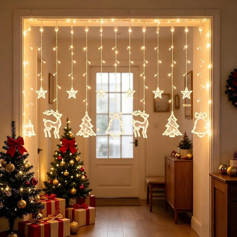 Besuche den PEILU-Store 138 LEDs Lichtervorhang, Motivlichterkette Stern Rentier Tanne Glocke — Weihnachtsbeleuchtung
